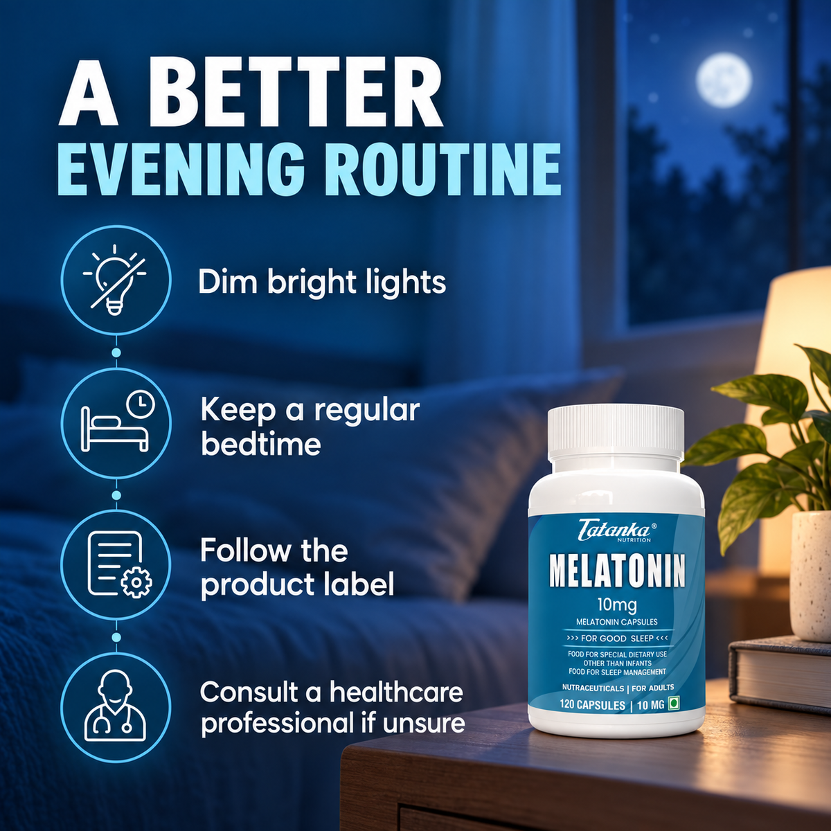 TATANKA MELATONIN 10mg per vegeterian capsule for restfull sleep supplement for men and women 120 servings