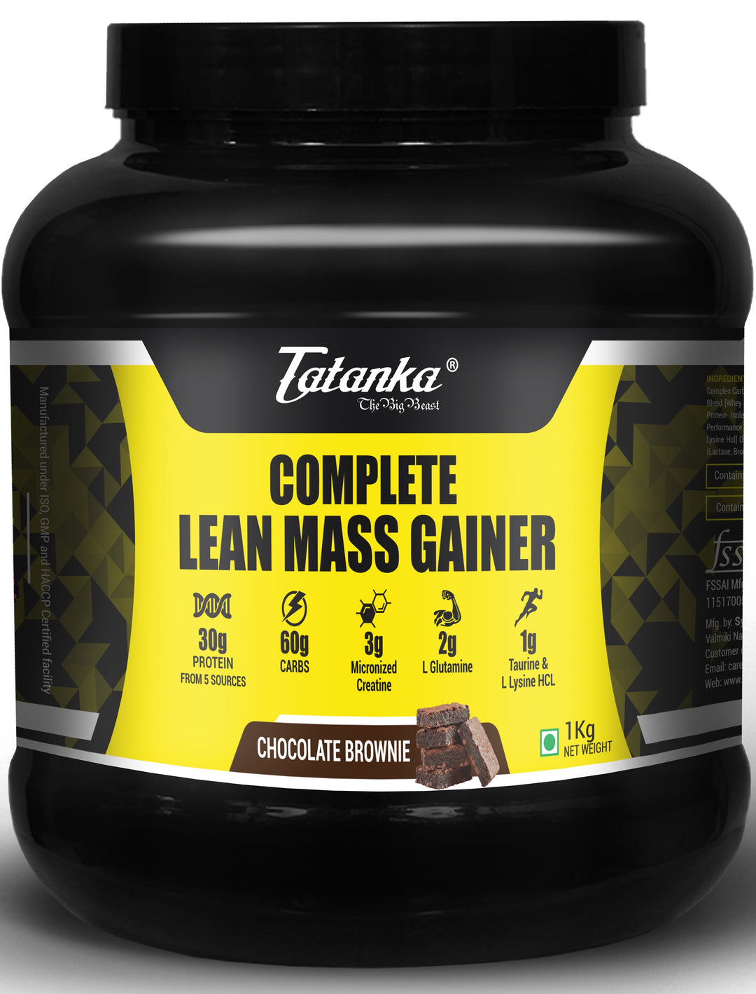 Tatanka Complete Lean Mass Gainer Powder, Chocolate Brownie, 3kg | 30g Protein | 60g Carbs | Creatine, Taurine &amp; L-Lysine