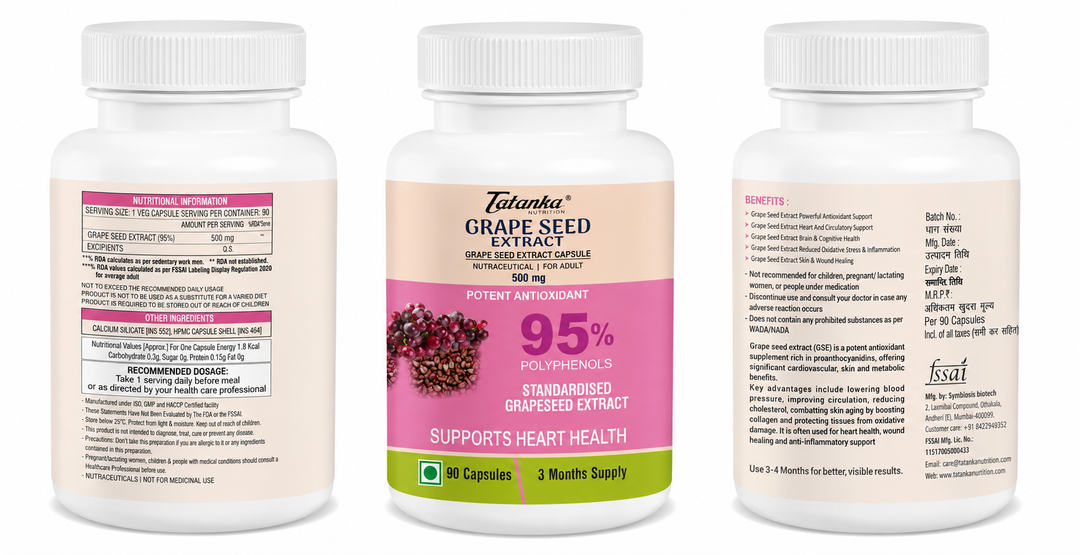 Grape Seed Extract 500mg Capsules | 95% Polyphenols Standardised Extract | Powerful Antioxidant for Heart, Skin &amp; Circulation Support | 90 Capsules | 3 Months Supply