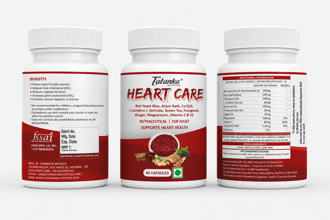 Tatanka Nutrition Heart Care Capsules | Supports Heart Health &amp; Cholesterol Balance | With Red Yeast Rice, CoQ10, Arjun &amp; L-Carnitine | 60 Veg Capsules