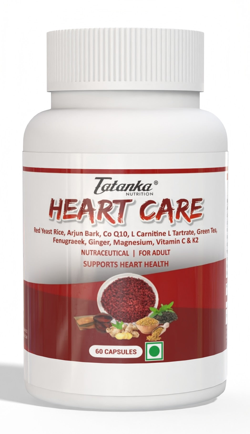 Tatanka Nutrition Heart Care Capsules | Supports Heart Health &amp; Cholesterol Balance | With Red Yeast Rice, CoQ10, Arjun &amp; L-Carnitine | 60 Veg Capsules