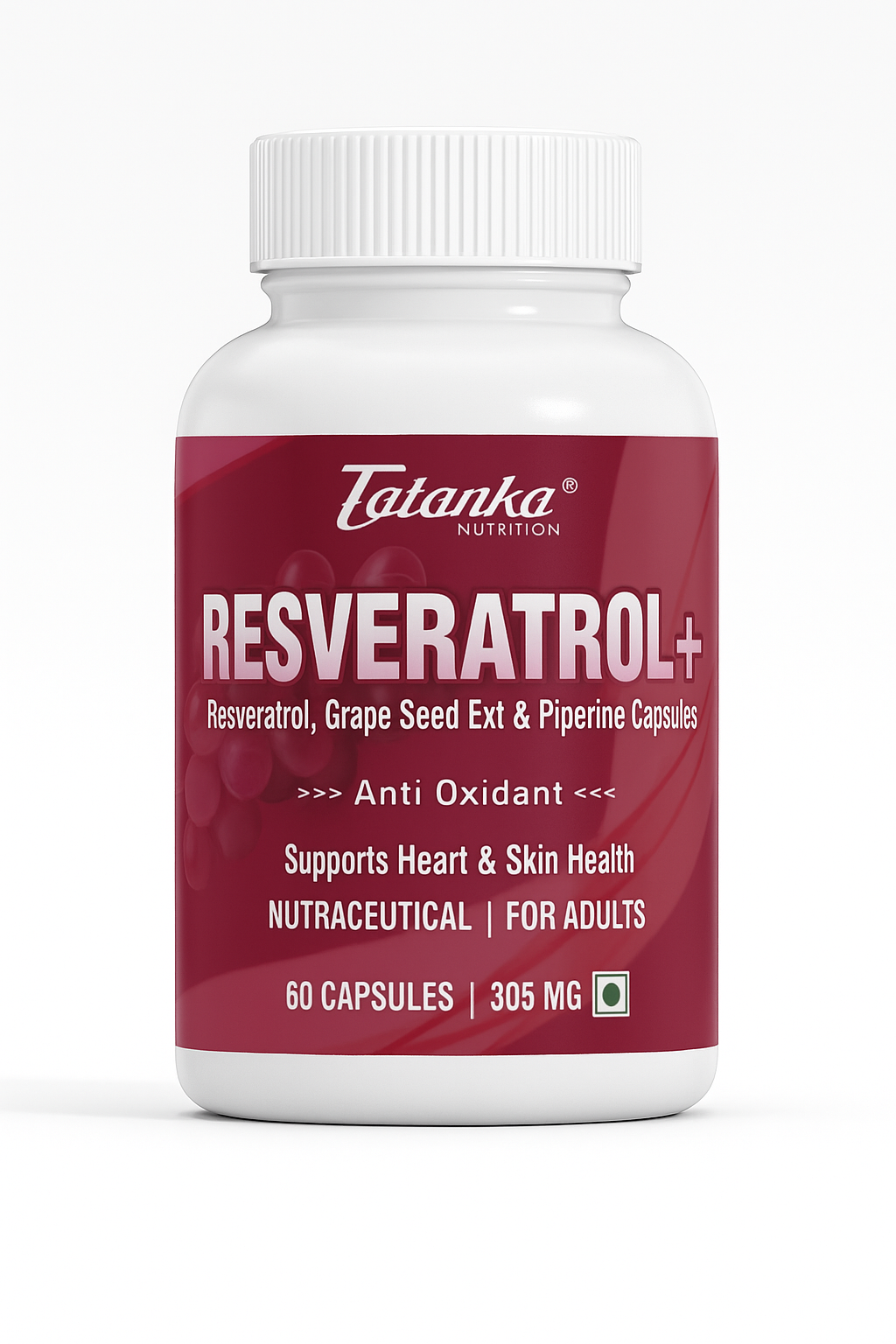Tatanka Nutrition Resveratrol ,Grapeseed  Extract and BioPerine for Absorption - 305mg - 60 Vegetable Capsules