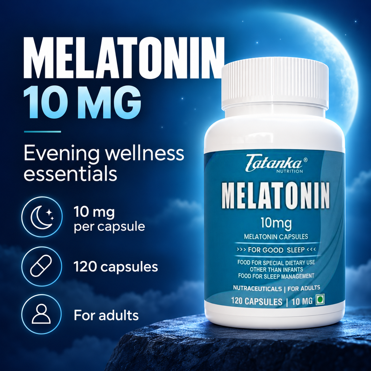 TATANKA MELATONIN 10mg per vegeterian capsule for restfull sleep supplement for men and women 120 servings
